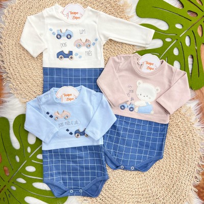 Kit 3 Peças - Bodys Manga Longa - Um, Dois, Três e Já! - Off White, Areia e Azul Bebê